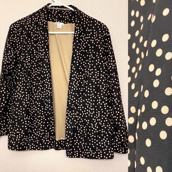 Black tan Polka Dot Blazer open Cardigan jacket suit 3/4 ruched sleeve -M - Picture 1 of 11